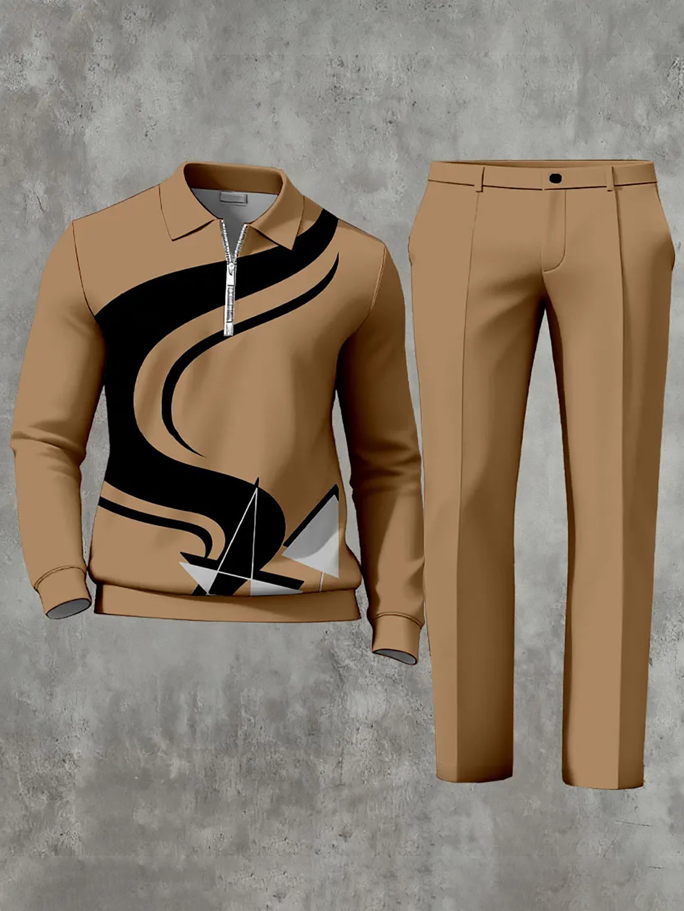 Men'S Casual Set Featuring a Quarter Zip Polo Sweatshirt And Pants with a 3D Digital Geometric Wave Print, Made from 100%. This Two-Piece Outfit Has Long Sleeves with an Abstract Line Design, Regular Fit, And Is Crafted from
