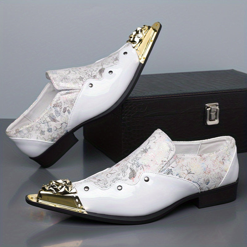 Golden Lion Head Pointed Shoes with Vibrant Print Design - Trendy Slip-On Shoes for Men - 25932
