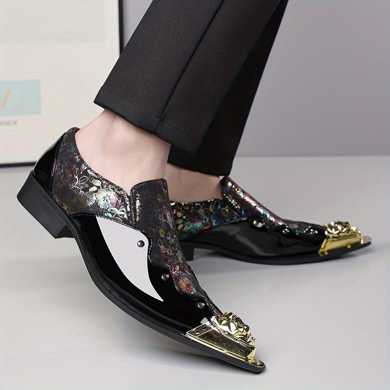 Golden Lion Head Pointed Shoes with Vibrant Print Design - Trendy Slip-On Shoes for Men - 25932
