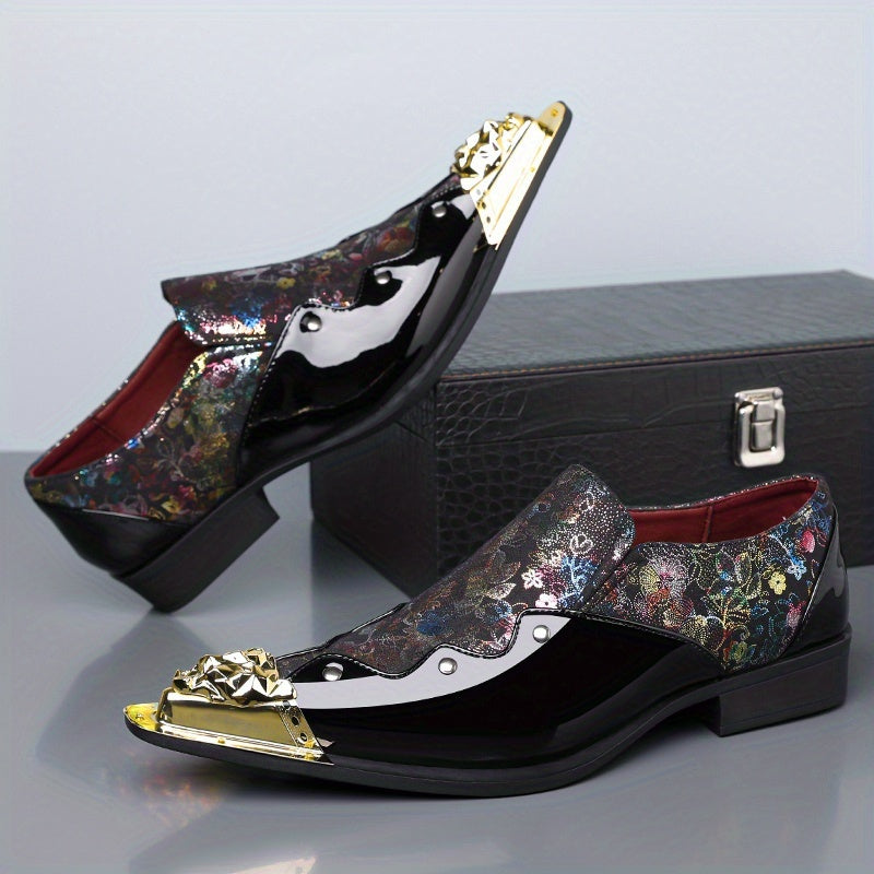 Golden Lion Head Pointed Shoes with Vibrant Print Design - Trendy Slip-On Shoes for Men - 25932