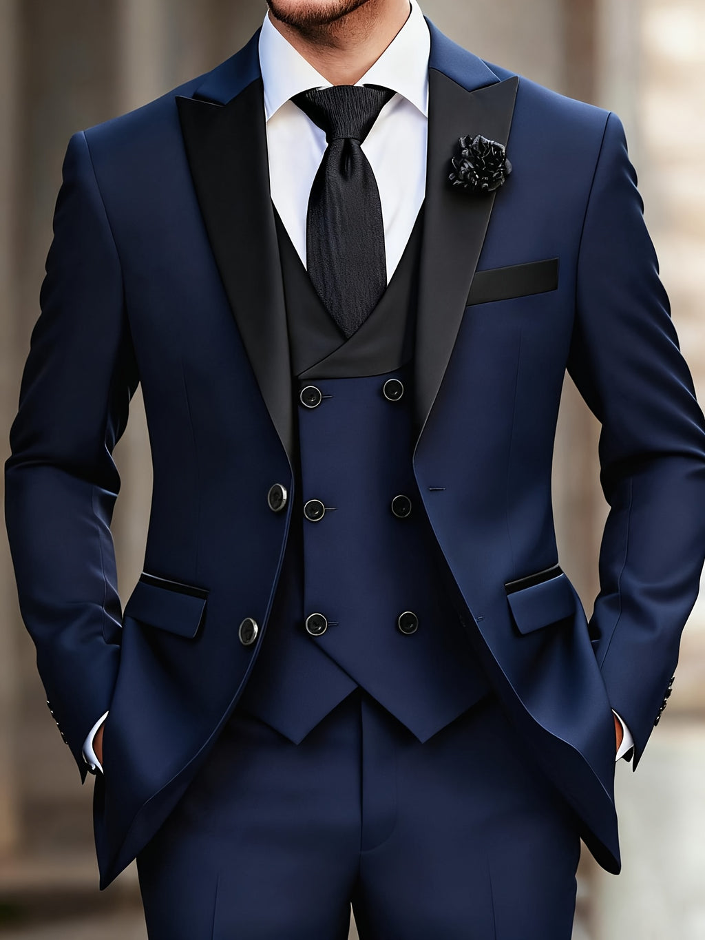 Men'S 3pcs Wedding Suit Set - Tailored Business Suit Jacket + Fitted Vest + Classic Trousers, Solid Color, Long Sleeves, Button Details, All-Season Formal Wear, Suitable for Groomsmen And Special Occasions, Wedding Attire, El