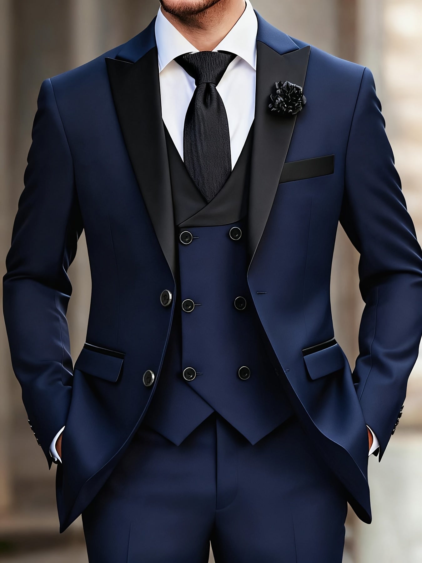 Men'S 3pcs Wedding Suit Set - Tailored Business Suit Jacket + Fitted Vest + Classic Trousers, Solid Color, Long Sleeves, Button Details, All-Season Formal Wear, Suitable for Groomsmen And Special Occasions, Wedding Attire, El