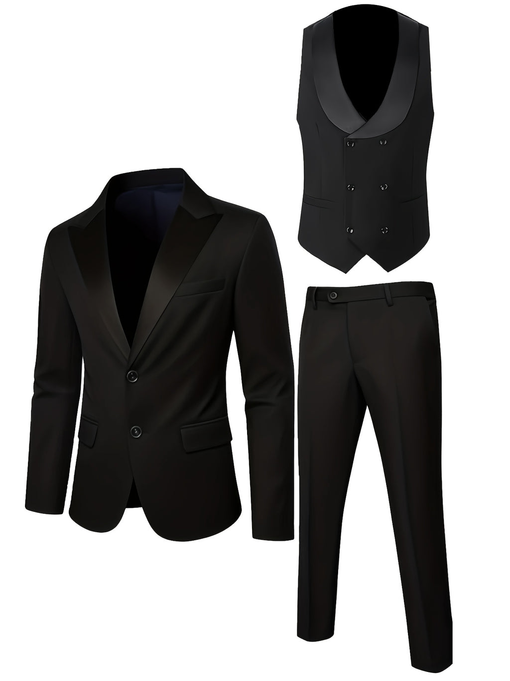 Men'S 3pcs Wedding Suit Set - Tailored Business Suit Jacket + Fitted Vest + Classic Trousers, Solid Color, Long Sleeves, Button Details, All-Season Formal Wear, Suitable for Groomsmen And Special Occasions, Wedding Attire, El