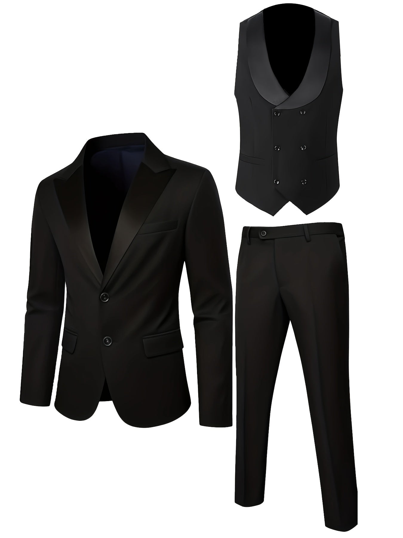 Men'S 3pcs Wedding Suit Set - Tailored Business Suit Jacket + Fitted Vest + Classic Trousers, Solid Color, Long Sleeves, Button Details, All-Season Formal Wear, Suitable for Groomsmen And Special Occasions, Wedding Attire, El