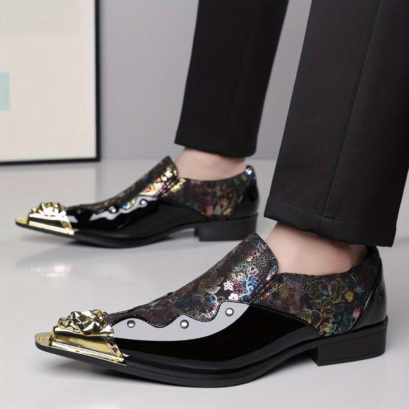Golden Lion Head Pointed Shoes with Vibrant Print Design - Trendy Slip-On Shoes for Men - 25932