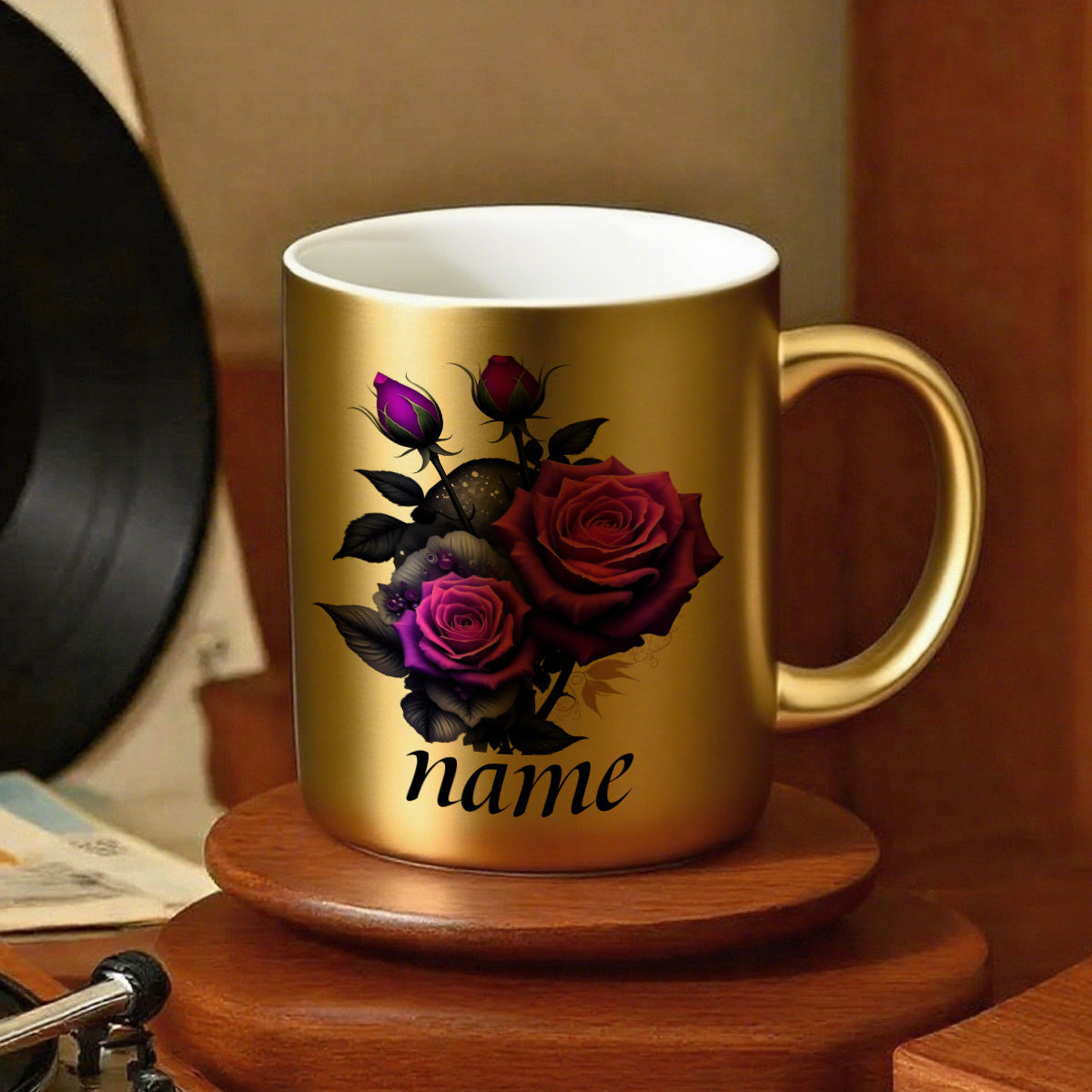 1pc Customizable Purple Rose Cute Durable Golden Mug, 11oz Printed Font Design Durable Ceramic, Personalized Name Coffee Cup, Autumn Gift, Ideal for Birthday, Anniversary, Hot & Cold Drinks, Juice, Milk, Drinkware, Holiday Gi