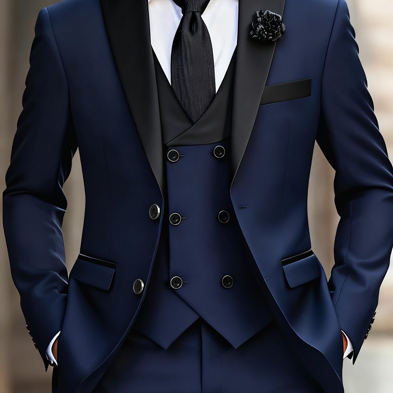 Men'S 3pcs Wedding Suit Set - Tailored Business Suit Jacket + Fitted Vest + Classic Trousers, Solid Color, Long Sleeves, Button Details, All-Season Formal Wear, Suitable for Groomsmen And Special Occasions, Wedding Attire, El