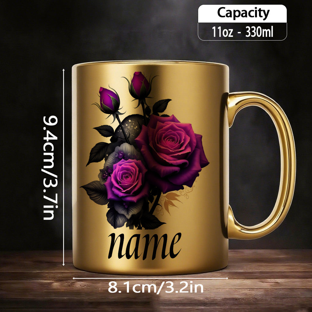 1pc Customizable Purple Rose Cute Durable Golden Mug, 11oz Printed Font Design Durable Ceramic, Personalized Name Coffee Cup, Autumn Gift, Ideal for Birthday, Anniversary, Hot & Cold Drinks, Juice, Milk, Drinkware, Holiday Gi