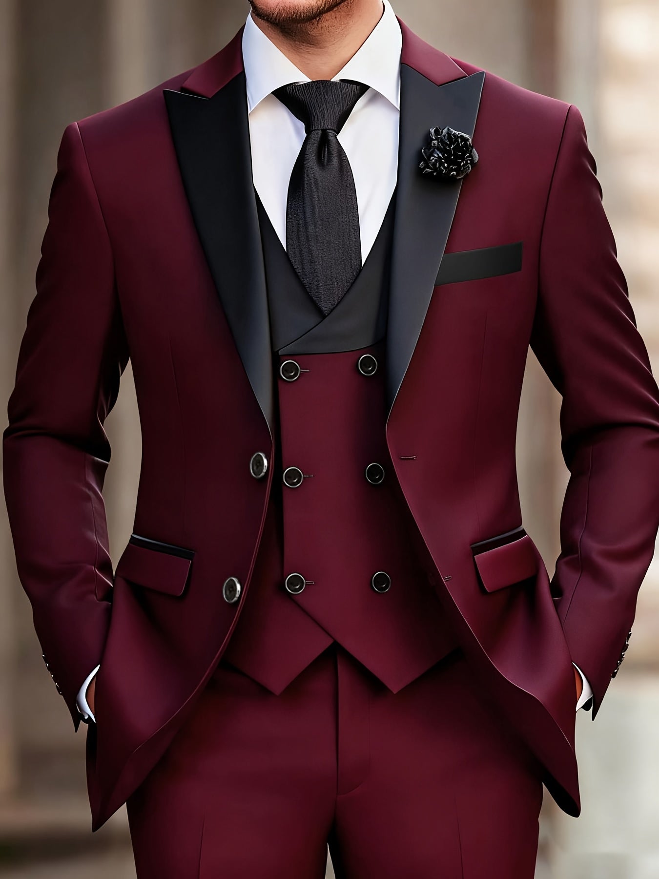 Men'S 3pcs Wedding Suit Set - Tailored Business Suit Jacket + Fitted Vest + Classic Trousers, Solid Color, Long Sleeves, Button Details, All-Season Formal Wear, Suitable for Groomsmen And Special Occasions, Wedding Attire, El