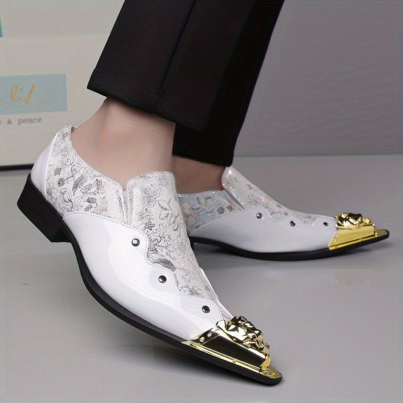 Golden Lion Head Pointed Shoes with Vibrant Print Design - Trendy Slip-On Shoes for Men - 25932