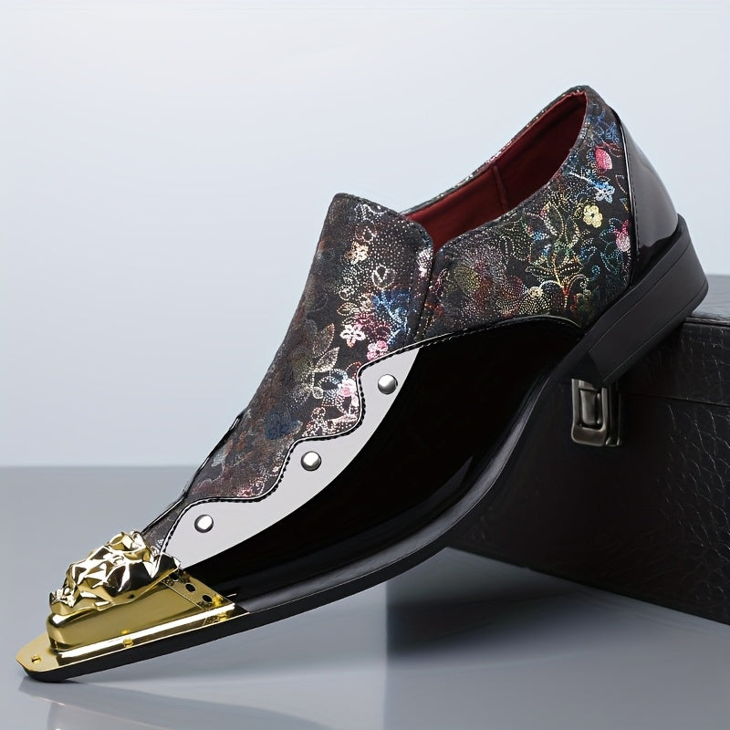 Golden Lion Head Pointed Shoes with Vibrant Print Design - Trendy Slip-On Shoes for Men - 25932