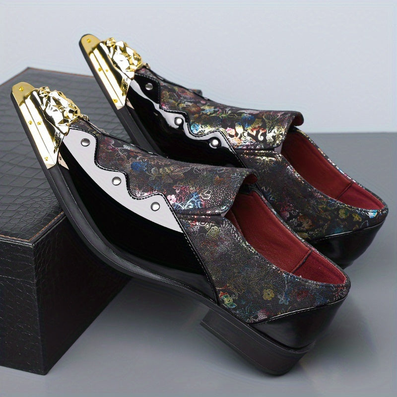 Golden Lion Head Pointed Shoes with Vibrant Print Design - Trendy Slip-On Shoes for Men - 25932