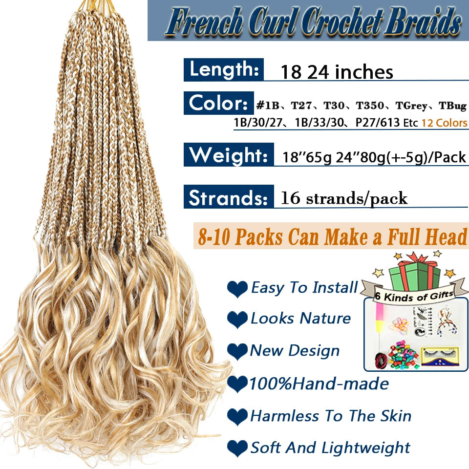 18 24 Inch French Curl Crochet Braids Pre Looped Blonde P27/613 33 Box Braids Crochet Hair Synthetic French Curls Braiding Hair