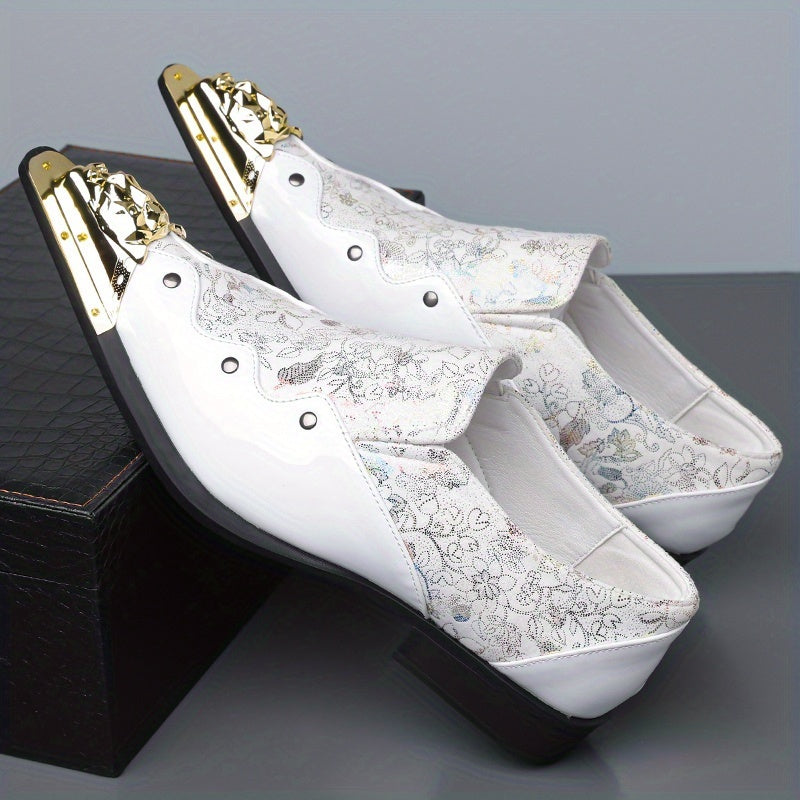 Golden Lion Head Pointed Shoes with Vibrant Print Design - Trendy Slip-On Shoes for Men - 25932