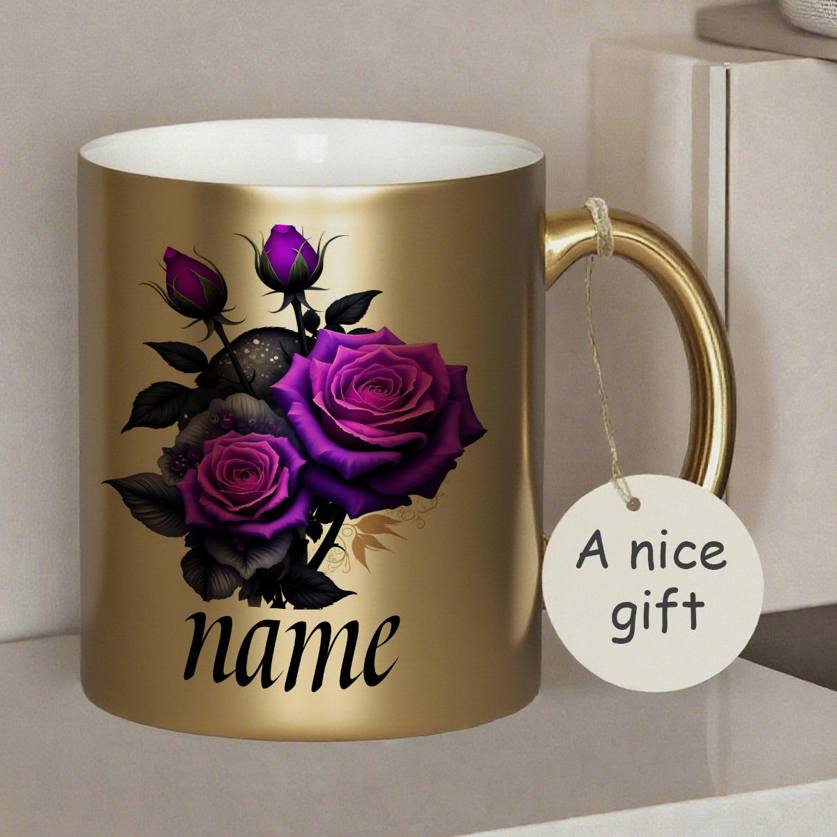 1pc Customizable Purple Rose Cute Durable Golden Mug, 11oz Printed Font Design Durable Ceramic, Personalized Name Coffee Cup, Autumn Gift, Ideal for Birthday, Anniversary, Hot & Cold Drinks, Juice, Milk, Drinkware, Holiday Gi