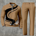 Men'S Casual Set Featuring a Quarter Zip Polo Sweatshirt And Pants with a 3D Digital Geometric Wave Print, Made from 100%. This Two-Piece Outfit Has Long Sleeves with an Abstract Line Design, Regular Fit, And Is Crafted from