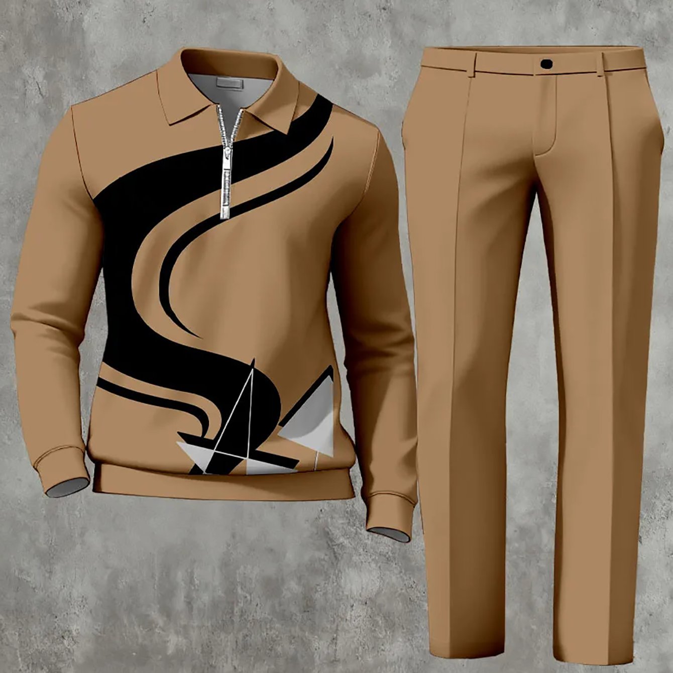 Men'S Casual Set Featuring a Quarter Zip Polo Sweatshirt And Pants with a 3D Digital Geometric Wave Print, Made from 100%. This Two-Piece Outfit Has Long Sleeves with an Abstract Line Design, Regular Fit, And Is Crafted from