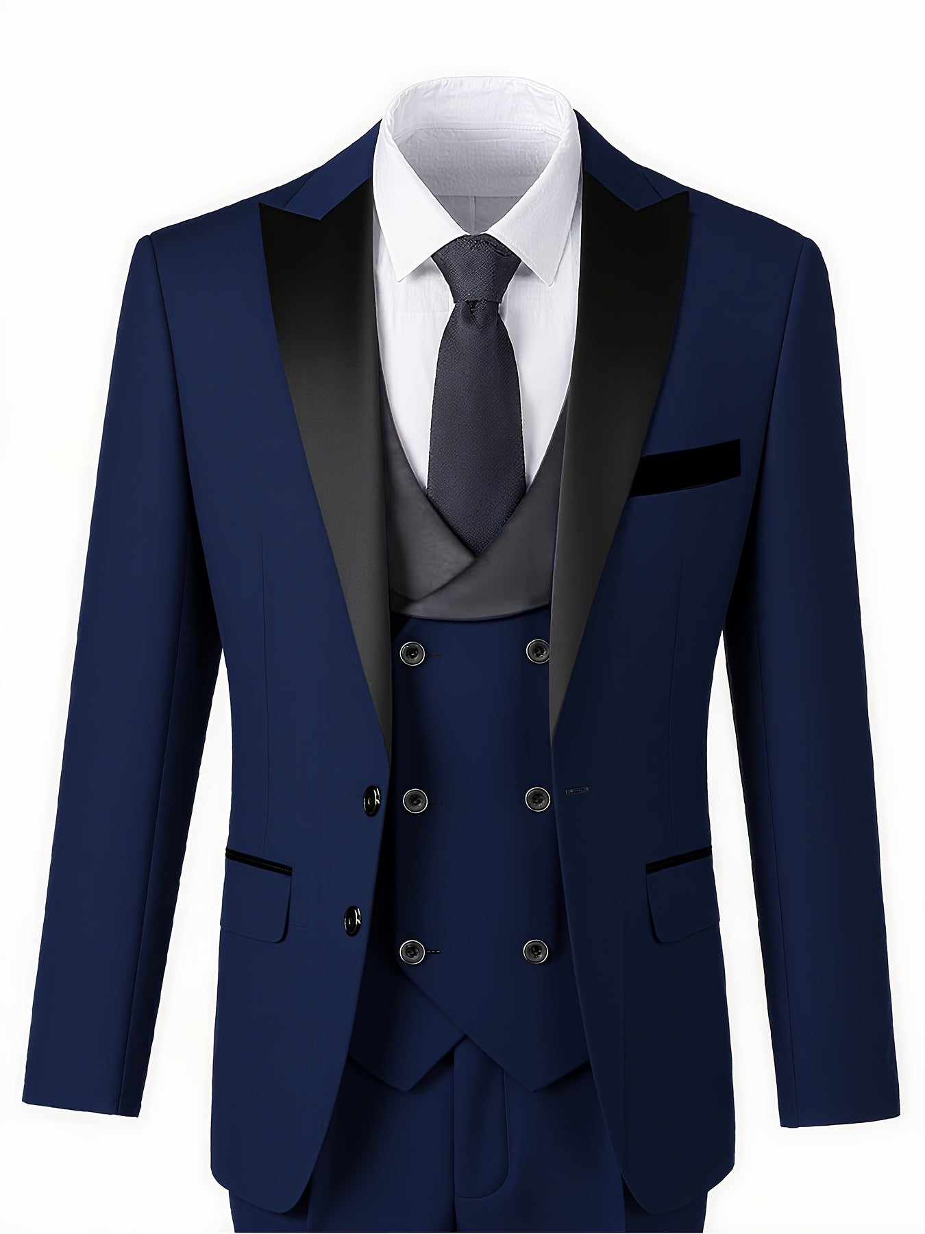 Men'S 3pcs Wedding Suit Set - Tailored Business Suit Jacket + Fitted Vest + Classic Trousers, Solid Color, Long Sleeves, Button Details, All-Season Formal Wear, Suitable for Groomsmen And Special Occasions, Wedding Attire, El