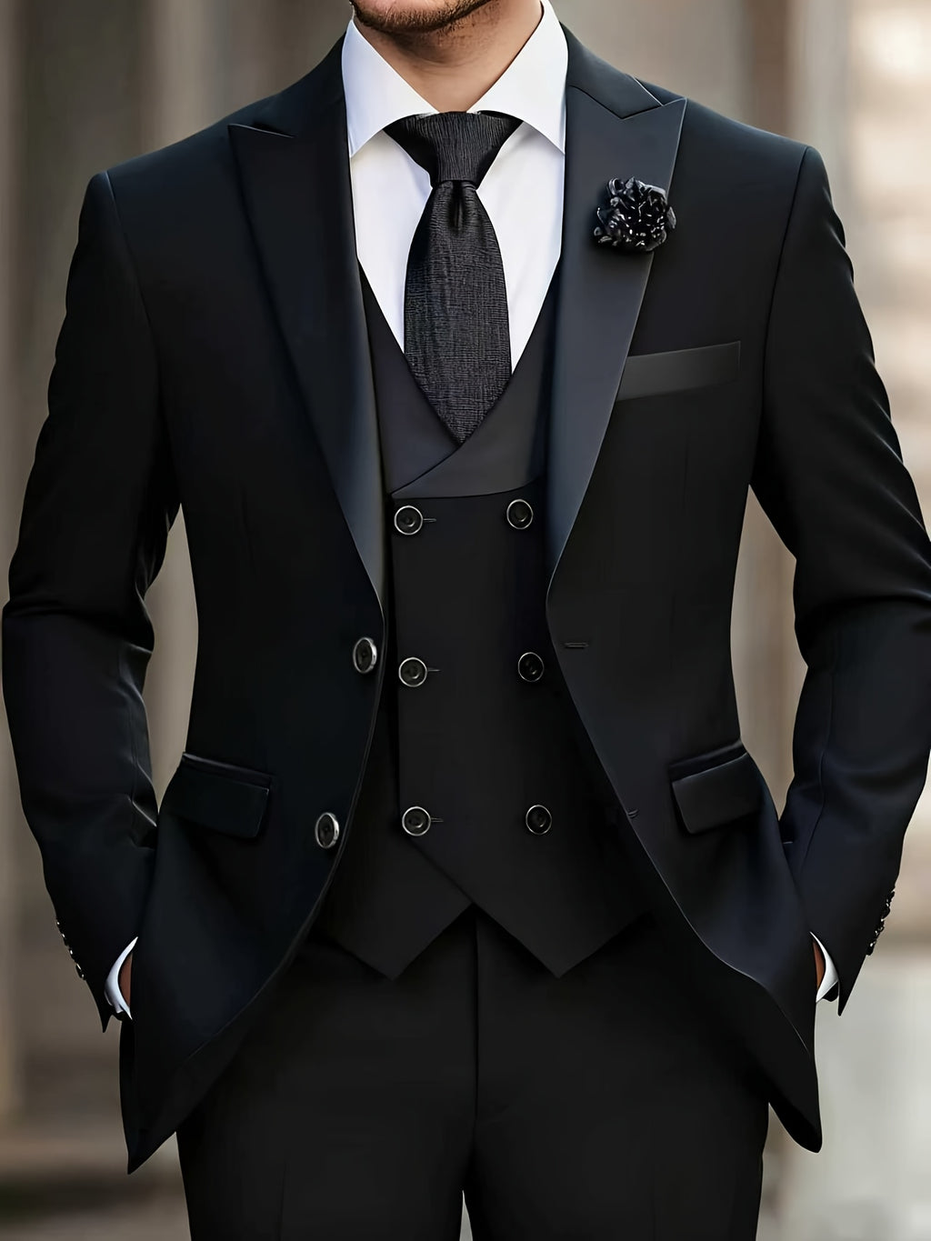 Men'S 3pcs Wedding Suit Set - Tailored Business Suit Jacket + Fitted Vest + Classic Trousers, Solid Color, Long Sleeves, Button Details, All-Season Formal Wear, Suitable for Groomsmen And Special Occasions, Wedding Attire, El