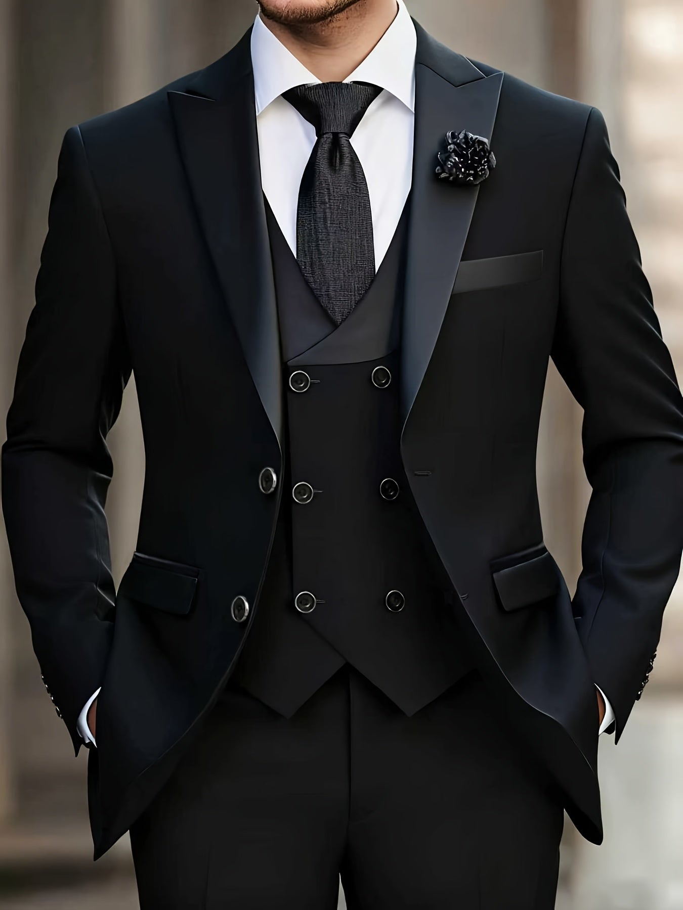 Men'S 3pcs Wedding Suit Set - Tailored Business Suit Jacket + Fitted Vest + Classic Trousers, Solid Color, Long Sleeves, Button Details, All-Season Formal Wear, Suitable for Groomsmen And Special Occasions, Wedding Attire, El