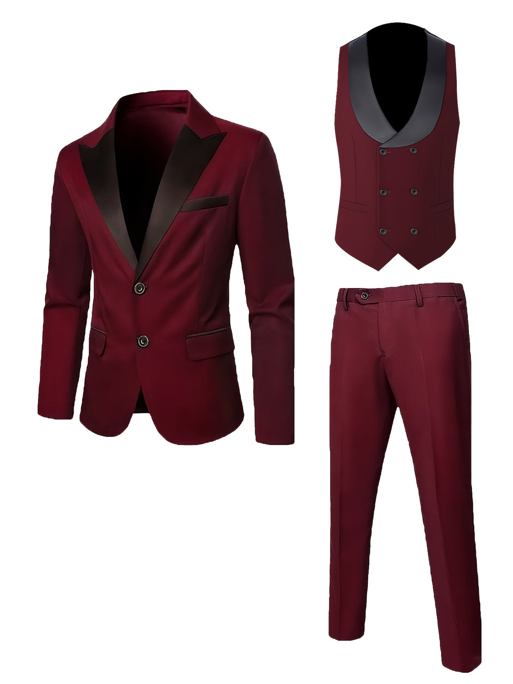 Men'S 3pcs Wedding Suit Set - Tailored Business Suit Jacket + Fitted Vest + Classic Trousers, Solid Color, Long Sleeves, Button Details, All-Season Formal Wear, Suitable for Groomsmen And Special Occasions, Wedding Attire, El