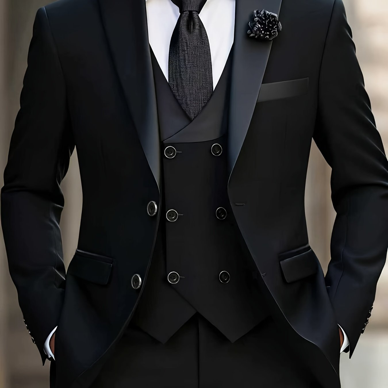 Men'S 3pcs Wedding Suit Set - Tailored Business Suit Jacket + Fitted Vest + Classic Trousers, Solid Color, Long Sleeves, Button Details, All-Season Formal Wear, Suitable for Groomsmen And Special Occasions, Wedding Attire, El