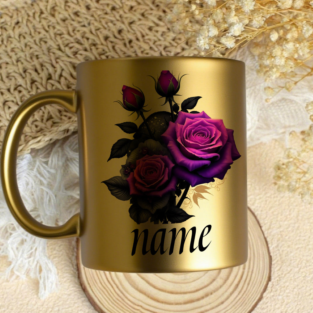 1pc Customizable Purple Rose Cute Durable Golden Mug, 11oz Printed Font Design Durable Ceramic, Personalized Name Coffee Cup, Autumn Gift, Ideal for Birthday, Anniversary, Hot & Cold Drinks, Juice, Milk, Drinkware, Holiday Gi