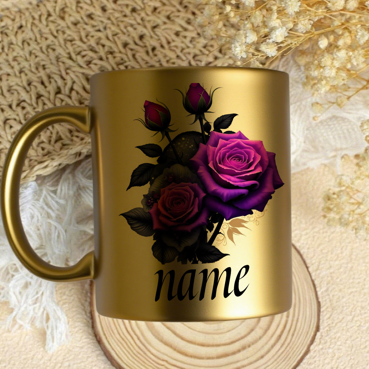 1pc Customizable Purple Rose Cute Durable Golden Mug, 11oz Printed Font Design Durable Ceramic, Personalized Name Coffee Cup, Autumn Gift, Ideal for Birthday, Anniversary, Hot & Cold Drinks, Juice, Milk, Drinkware, Holiday Gi