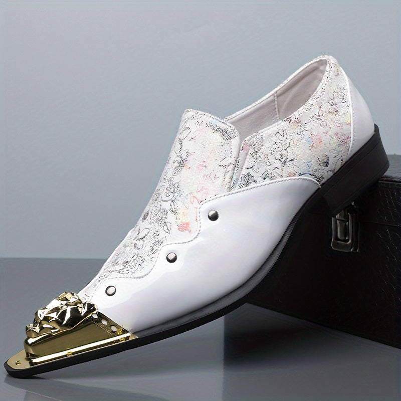 Golden Lion Head Pointed Shoes with Vibrant Print Design - Trendy Slip-On Shoes for Men - 25932