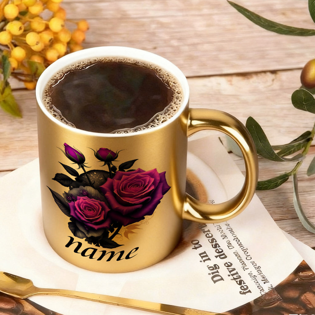 1pc Customizable Purple Rose Cute Durable Golden Mug, 11oz Printed Font Design Durable Ceramic, Personalized Name Coffee Cup, Autumn Gift, Ideal for Birthday, Anniversary, Hot & Cold Drinks, Juice, Milk, Drinkware, Holiday Gi