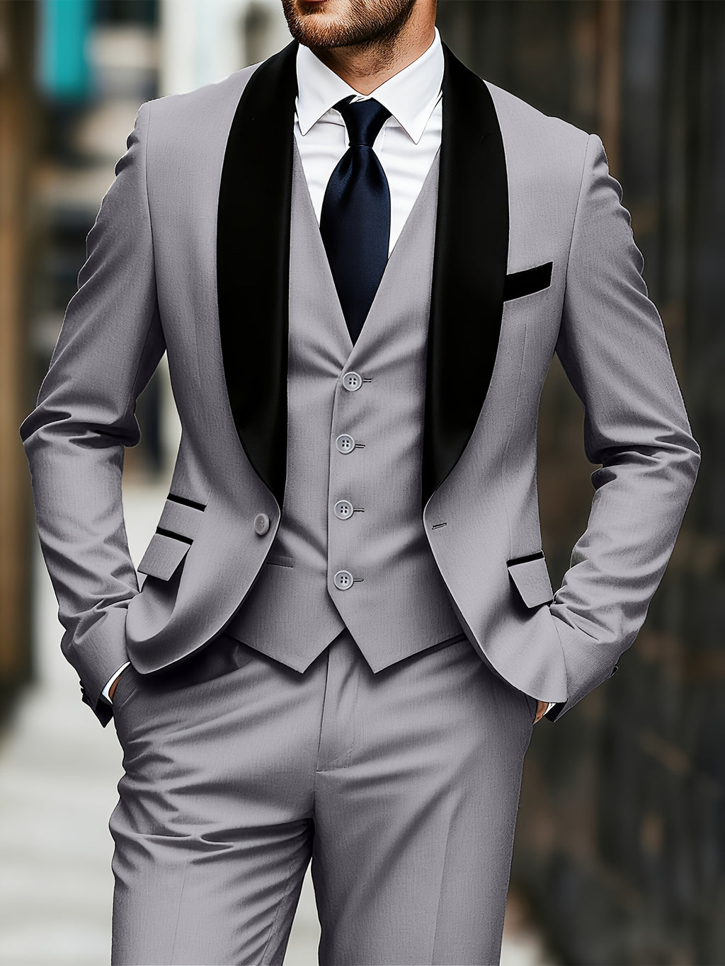 Men'S 3pcs Wedding Suit Set - Tailored Business Suit Jacket + Fitted Vest + Classic Trousers, Solid Color, Long Sleeves, Button Details, All-Season Formal Wear, Suitable for Groomsmen And Special Occasions, Wedding Attire, El