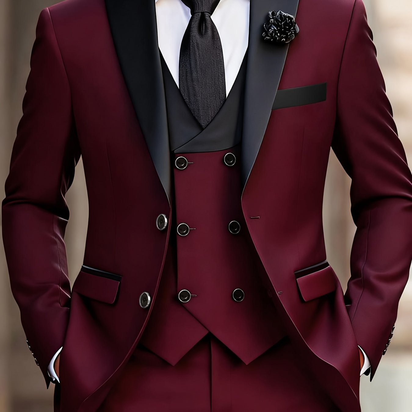 Men'S 3pcs Wedding Suit Set - Tailored Business Suit Jacket + Fitted Vest + Classic Trousers, Solid Color, Long Sleeves, Button Details, All-Season Formal Wear, Suitable for Groomsmen And Special Occasions, Wedding Attire, El