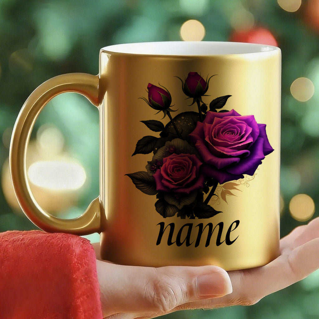 1pc Customizable Purple Rose Cute Durable Golden Mug, 11oz Printed Font Design Durable Ceramic, Personalized Name Coffee Cup, Autumn Gift, Ideal for Birthday, Anniversary, Hot & Cold Drinks, Juice, Milk, Drinkware, Holiday Gi